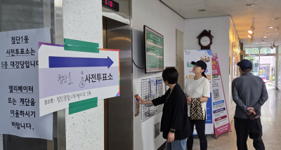 29일 오전 9시께 광산구 첨단1동 행정복지센터 5층에 설치된 투표소에 가기 위해 시민들이 엘리베이터를 기다리고 있다. 민찬기 기자