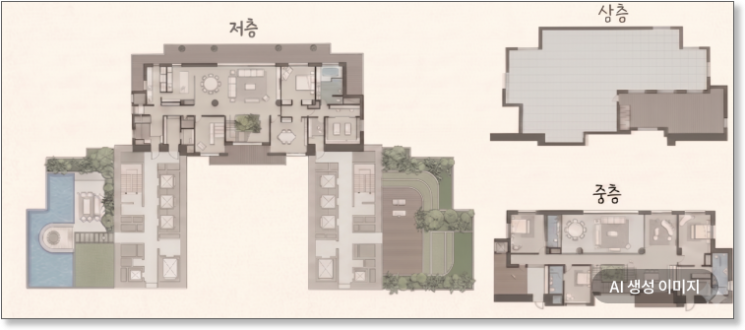 An artist's rendering of the 183-pyeong penthouse to be built in the newly constructed complex after the reconstruction of Apgujeong District 3. It is the largest among the 54 penthouses and will be located on the top floor of the 65-story building. Hyundai Construction created this promotional material for the association members, which was reprocessed with AI. Gemini generated image.