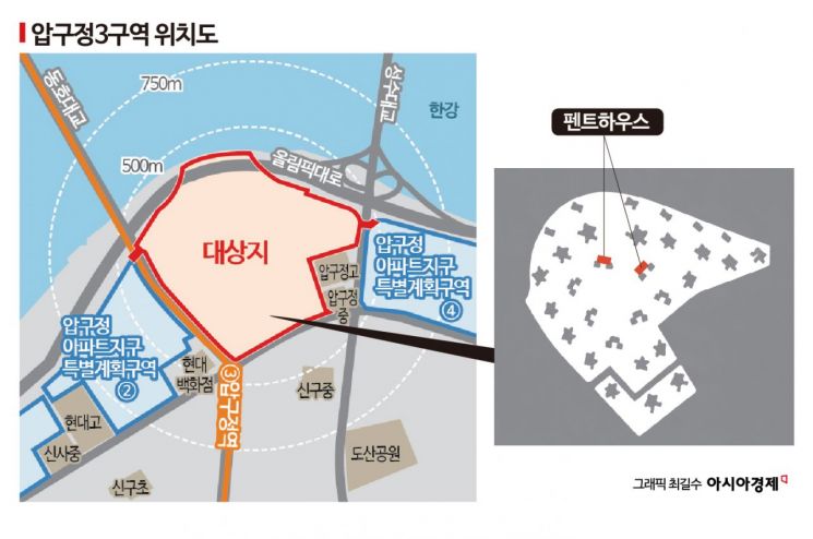 압구정3구역 위치도 및 슈퍼펜트하우스 예상도