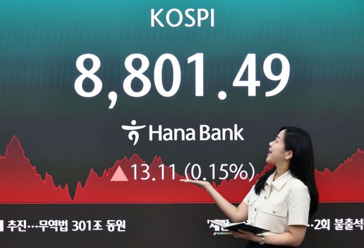 2일 서울 중구 하나은행 딜링룸 현황판에 코스피 등이 표시되고 있다. 이날 코스피는 전 거래일 대비 13.11포인트(0.15%) 오른 8,801.49에, 코스닥은 24.00포인트(2.29%) 내린 1,026.03에 장을 마감했다. 연합뉴스