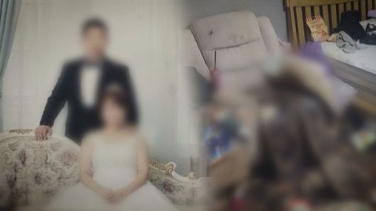 아내 온몸에 구더기가 생기도록 방치해 사망에 이르게 한 30대 육군 부사관의 결혼 사진(왼쪽), 피해 여성이 사망 전까지 사용했던 소파가 오염된 모습. SBS '그것이 알고 싶다' 방송 화면 캡처.