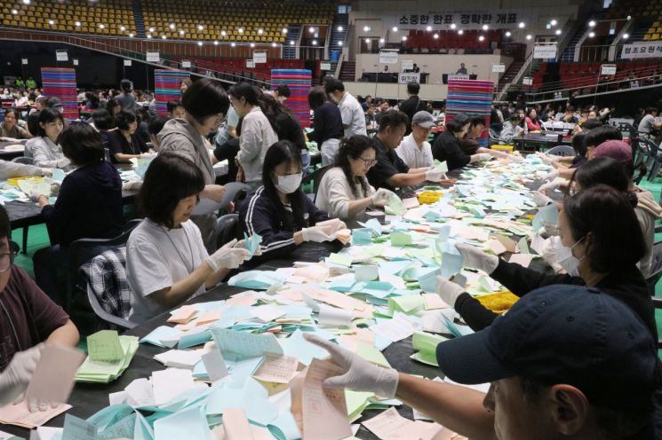 제9회 전국동시지방선거 투표가 끝난 3일 오후 제주 한라체육관에서 개표사무원들이 투표용지를 분류하고 있다. 연합뉴스 제공