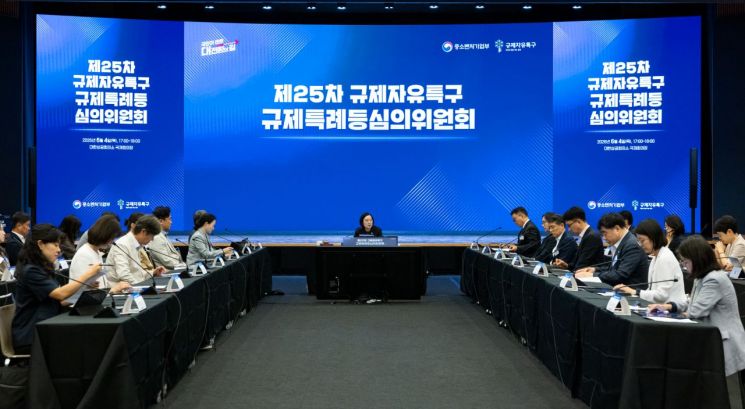 한성숙 중소벤처기업부 장관이 4일 서울특별시 중구 대한상의 국제회의장에서 열린 '규제자유특구 심의위원회'에서 인사말을 하고 있다. 중기부