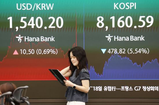 5일 서울 중구 하나은행 딜링룸 현황판에 코스피 등이 표시되고 있다. 연합뉴스