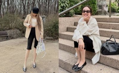 걸그룹 르세라핌 멤버 허윤진(왼쪽)과 배우 정려원이 카프리 팬츠를 착용한 모습. 허윤진정려원 인스타그램 캡처