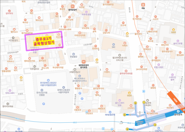 Location and panoramic view of Chungmuro 3-ga alley-type shopping district. Provided by Jung-gu Office.
