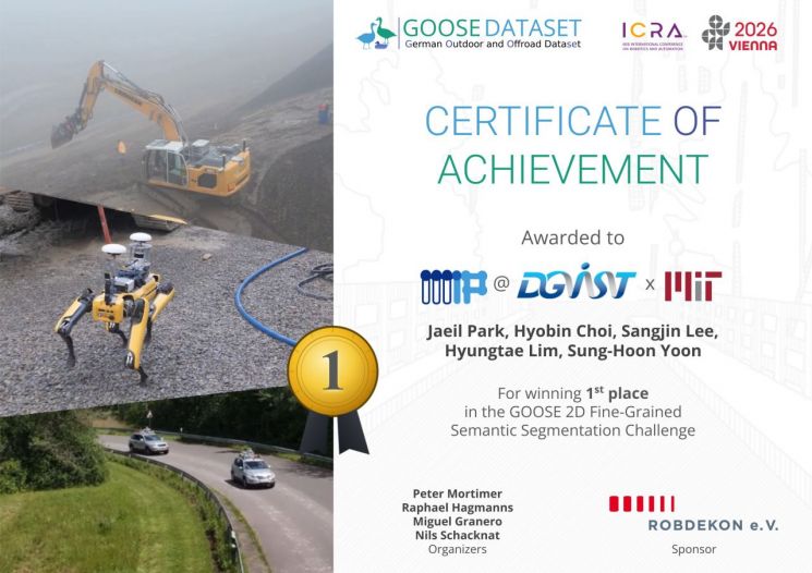 Professor Sung-Hoon Yoon's team at DGIST won first place in the 'GOOSE 2D Semantic Segmentation Challenge' category at '2026 ICRA'. Provided by DGIST