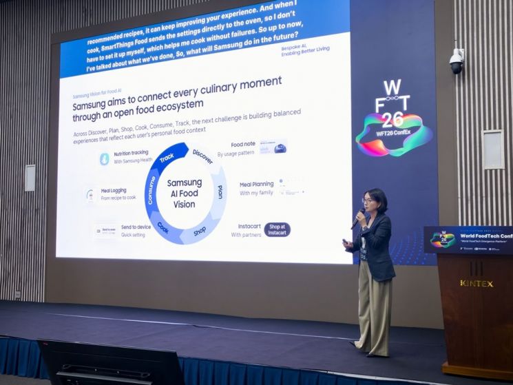 Yang Hyesoon, vicepresidente de la División de Experiencia de Dispositivos de Samsung Electronics, presenta la visión de una 'Cocina Activa' que utiliza IA alimentaria basada en dispositivos a través de un discurso de apertura. Sala de prensa de Samsung Electronics