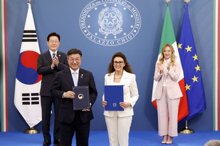 On June 12, 2026, Yoon Hojung, Minister of the Interior and Safety, and Marina Teresa Bellucci, Deputy Minister of Labour and Social Policies of Italy, held a Social Solidarity Economy MOU signing ceremony at the Prime Minister’s State Guesthouse in Rome, Italy, attended by President Lee Jae-myung and Italian Prime Minister Giorgia Meloni. Photo by Yonhap News Agency