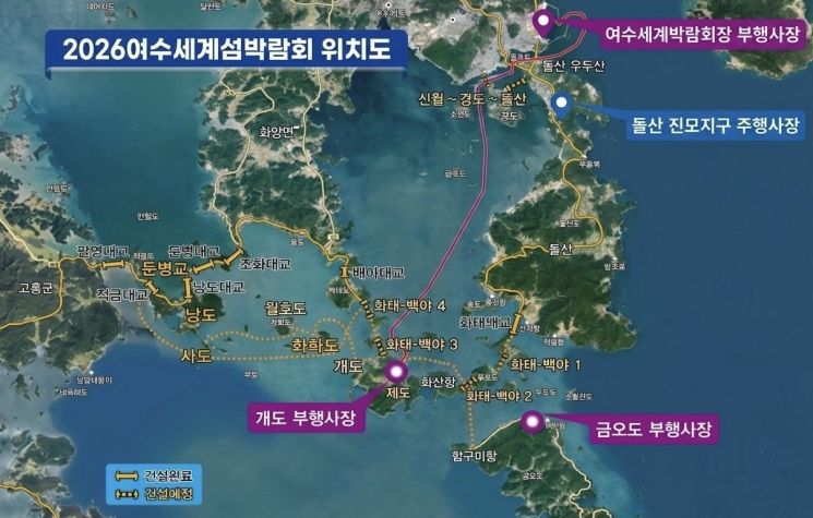2026 여수세계섬박람회 주요 행사장 위치도. 돌산 진모지구 주행사장을 중심으로 여수세계박람회장·개도·금오도 부행사장과 연계 교통축을 표시했다. 여수세계섬박람회