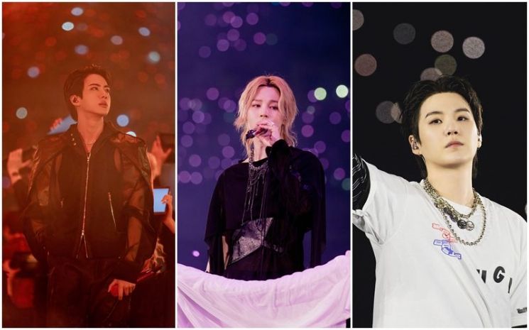 방탄소년단(BTS) 월드투어 '아리랑' 부산 콘서트 모습. (왼쪽부터)진, 지민, 슈가. 빅히트뮤직(하이브) 제공
