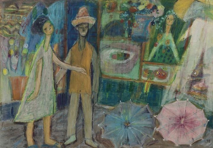 천경자,'시장' color on paper, 102×145cm, 1964. 서울옥션