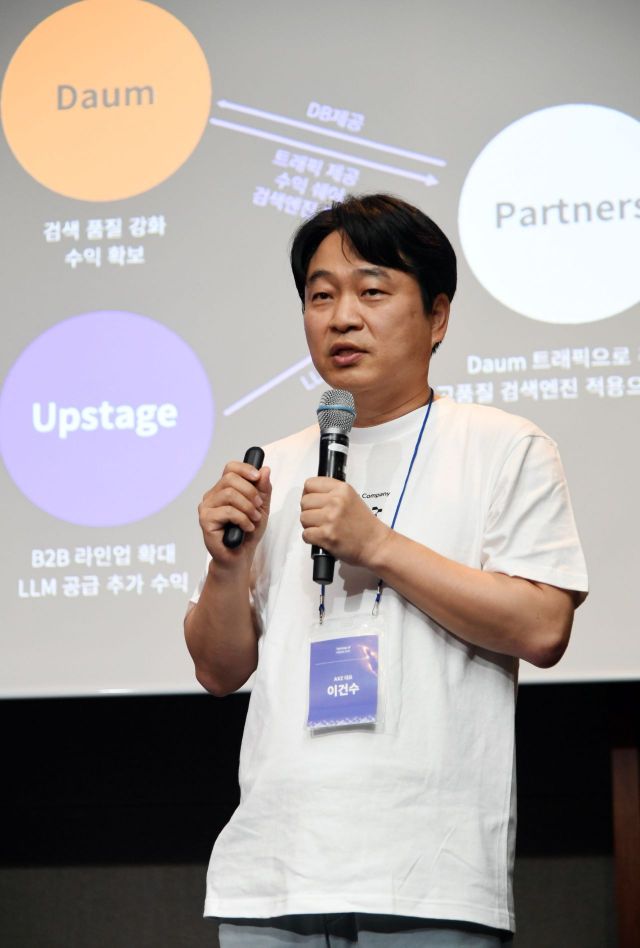 포털사이트 '다음' 운영사 AXZ의 이건수 대표가 16일 오전 서울 영등포구 여의도 콘래드호텔에서 열린 업스테이지 미디어데이 행사에서 발언하고 있다. 업스테이지
