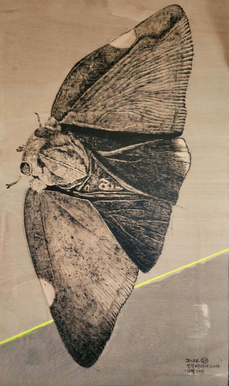 나방-미산리105, 2026, 나무 판넬 위에 아크릴, 90x53cm. 갤러리밈