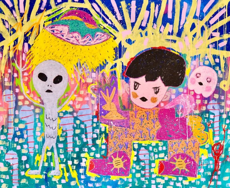 아담핸들러, And just like that, we were friends, Oil stick and Acrylic on Canvas, 193 x 238 cm, 2025.더 트리니티