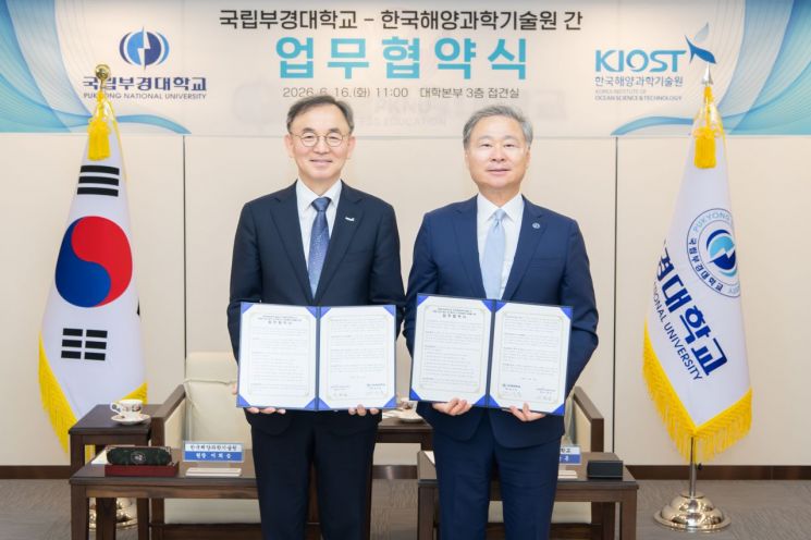 Director Heeseung Lee of KIOST (left) and President Sanghoon Bae of Pukyong National University are signing a business agreement.