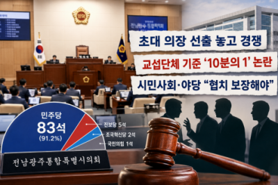 전남광주통합특별시의회 초대 의장 선출 경쟁과 교섭단체 구성 기준 등을 표현한 이미지. [그래픽=ChatGPT]