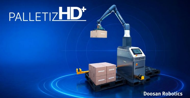 Rendering image of the AI palletizing solution 'PalletizHD+', debuting for the first time at 'Automate 2026'. Doosan