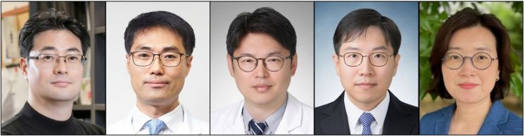 제15회 광동 암학술상 수상자. 왼쪽부터 한정민 연세대 약학대학 교수, 김광일 분당차병원 병리과 교수, 전홍재 분당차병원 내과 교수, 김찬 연세의대 내과 교수, 오진경 국립암센터 암예방사업과 교수. 광동제약