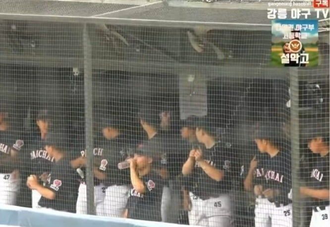 지난달 29일 청룡기 전국고교야구선수권대회 배재고와 광주제일고의 경기에서 배재고 선수들이 덕아웃에서 '스타벅스 가야지'라는 구호를 섞은 응원가에 맞춰 춤을 추고 있다. SNS 캡처