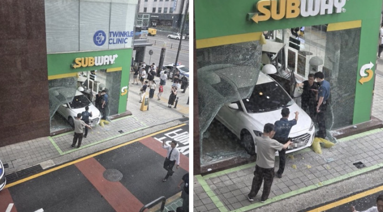 서울 서초구 반포동 논현역 인근 상가 건물로 차량이 돌진하는 사고가 발생한 모습. 사회관계망서비스(SNS) 갈무리