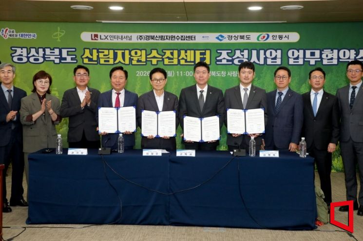 이철우 경북도지사(왼쪽 다섯번째),권기창안동시장(왼쪽 네번째) 양금희 경북도 행정부지사(왼쪽 두번째)가 LX인터내셔널 자회사 우드칩 공장·산림자원수집센터 조성 2030년 1,500억 광역 산림산업벨트 추진[사진=안동시]