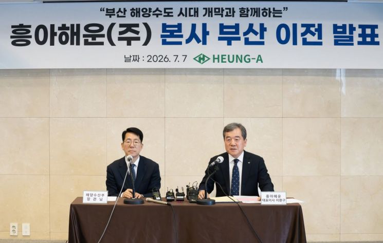 7일 서울 프레지던트호텔에서 열린 흥아해운 본사 부산 이전 발표식에 참석한 황종우 해양수산부 장관(왼쪽)과 이환구 흥아해운 사장.  해수부