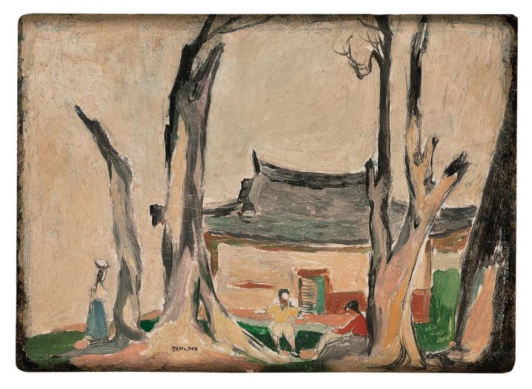 이인성, 풍경, oil on paper mounted on wooden board, 23.8×32.9cm, 1930s. 서울옥션