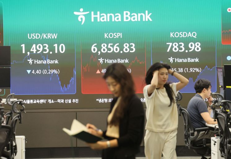 코스피가 오르락내리락 극심한 변동성 끝에 소폭 상승 마감한 14일 서울 중구 하나은행 딜링룸에서 직원이 업무를 보고 있다. 연합뉴스