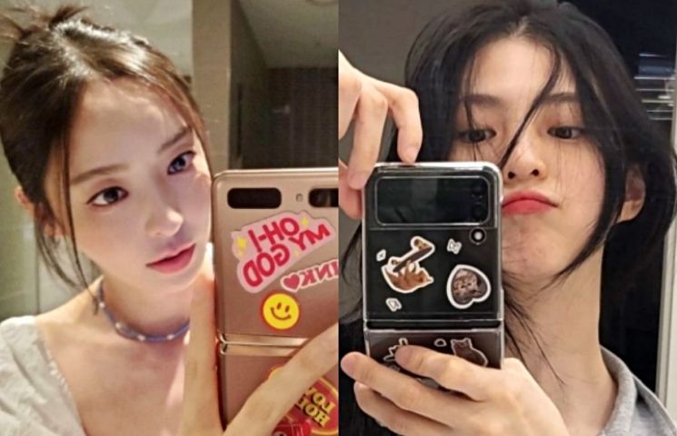 갤럭시Z 플립 제품으로 셀카를 찍고 있는 배우 이다희(왼쪽)와 한소희. 인스타그램 캡처