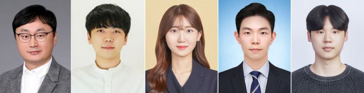 (왼쪽부터) 성동기 교수(연구책임자), 손승모 석박사통합과정생, 허수정 박사과정생, 정승우 석사졸업생, 장문석 석사과정생. 부산대 제공