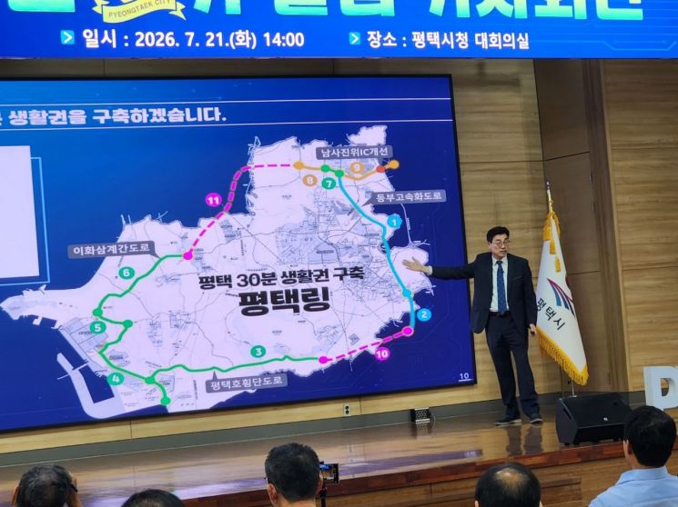 최원용 평택시장이 21일 민선 9기 출범 기자회견을 열고 평택 전역을 30분 생활권으로 연결하는 '평택링' 구축에 대해 설명하고 있다. 이종구 기자