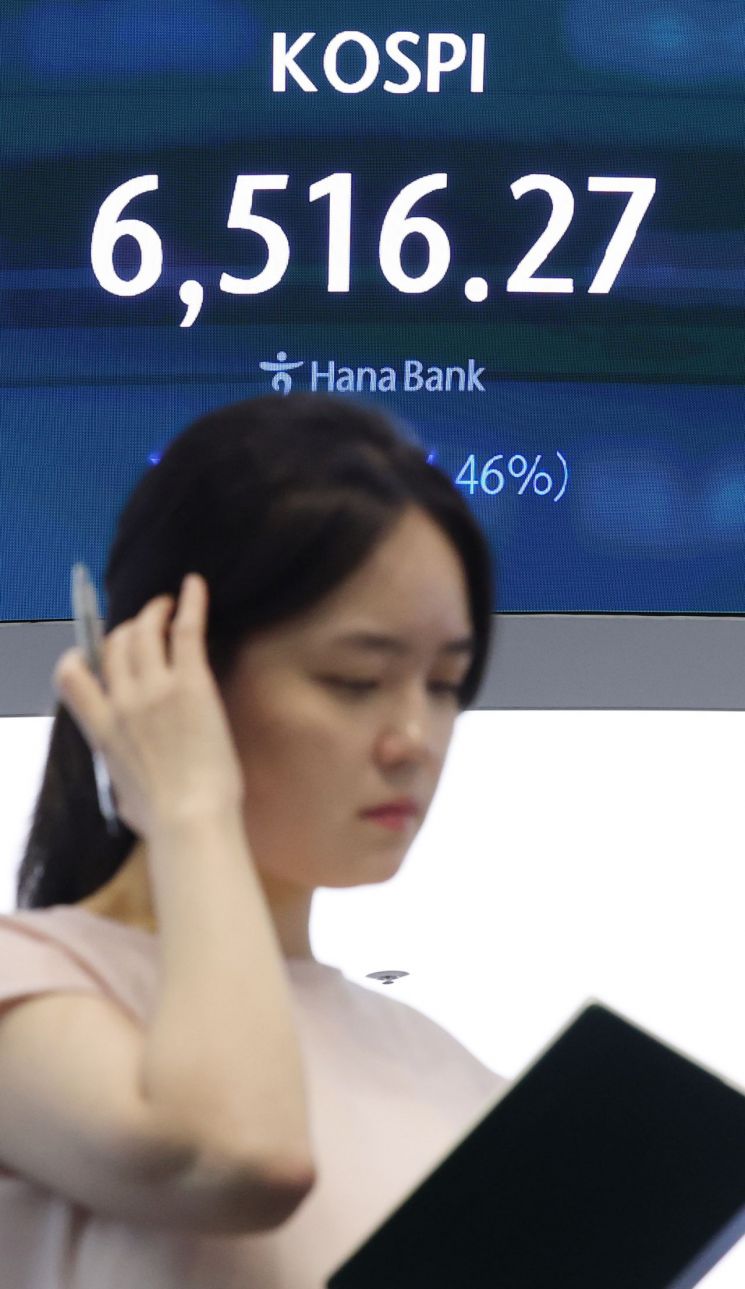 지난 20일 서울 중구 하나은행 딜링룸 현황판에 코스피가 표시되고 있다.  이날 코스피는 전장보다 304.33포인트(4.46%) 내린 6,516.27에, 코스닥 지수는 42.20포인트(5.33%) 내린 749.64에 장을 마감했다. 연합뉴스