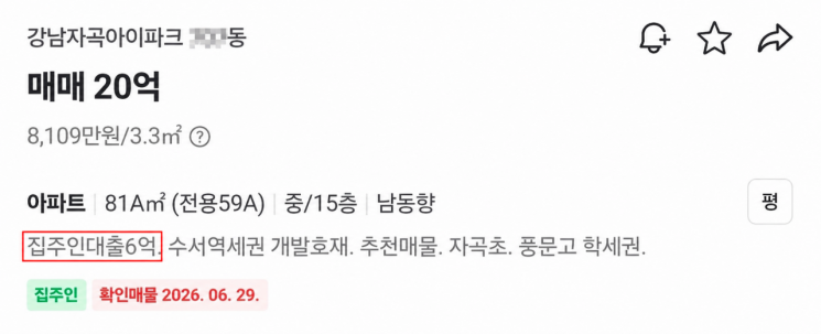 서울 강남구 강남자곡아이파크 전용면적 59㎡ 매물에 '집주인 대출 6억원'이라는 설명이 붙어 있다. 매도인이 매수자에게 매매대금 일부를 빌려주는 '셀러 파이낸싱' 매물로, 호가는 20억원이다. 온라인 부동산 플랫폼 화면캡처