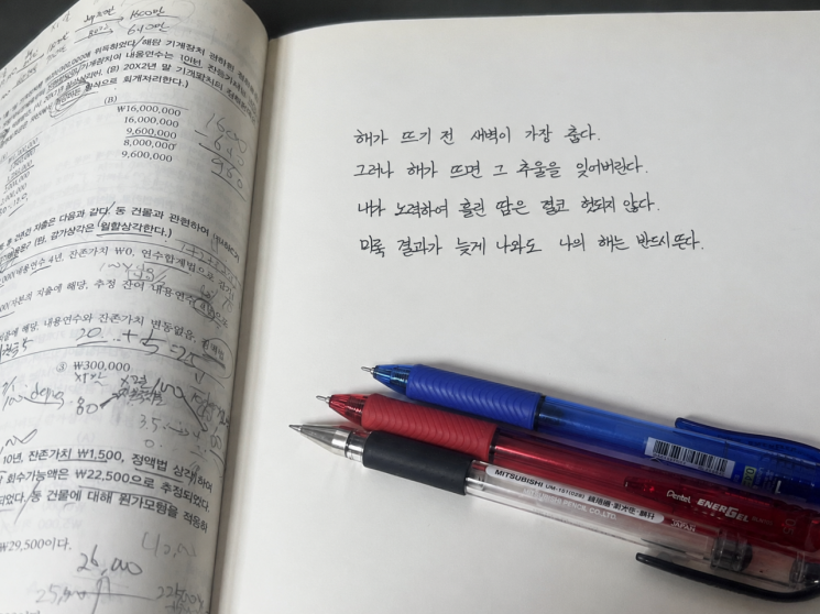 공기업 취업을 준비 중인 장제성씨(30)가 서울의 한 대학 도서관에서 취업시험을 준비하며 노트에 다짐을 적었다. 장씨는 대학 입학 7년째로 졸업 요건을 모두 갖췄지만 학생 신분을 유지하기 위해 졸업을 유예했다. 박호수 기자