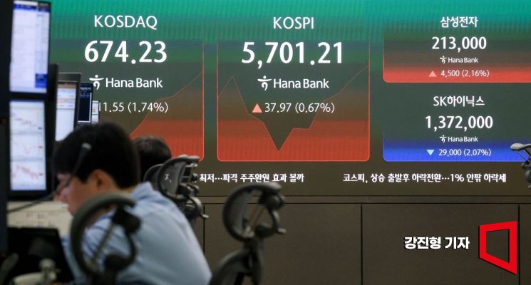 30일 서울 중구 하나은행 본점 딜링룸 전광판에 국내증시 현황이 표시돼 있다.