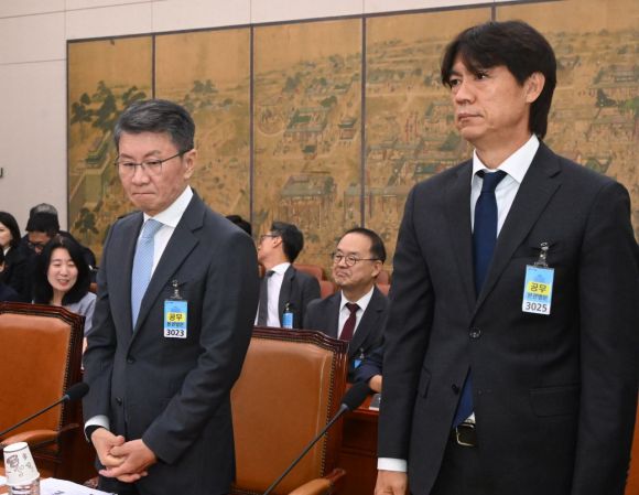 정몽규 전 대한축구협회장(왼쪽)과 홍명보 전 축구대표팀 감독이 30일 국회 문화체육관광위원회에서 열린 대한축구협회 현안 관련 청문회에 증인으로 출석해 있다. 국회사진기자단