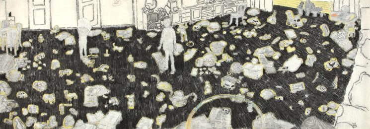 유근택 '어쩔수 없는 난제들'(2002). 실내를 가득 메운 사물과 희미한 인물들이 기억의 파편처럼 흩어져 있다. 일상의 풍경을 통해 삶의 흔적과 시간의 층위를 탐색한 작가 초기 대표작. 겸재정선미술관