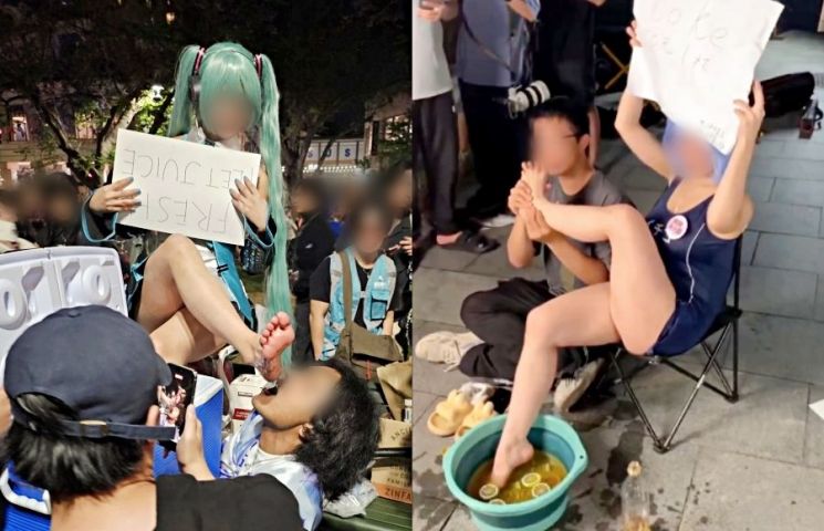 애니메이션 행사에 참가한 여성들이 자신의 발을 담근 레몬물을 판매하는 모습. SNS 캡처