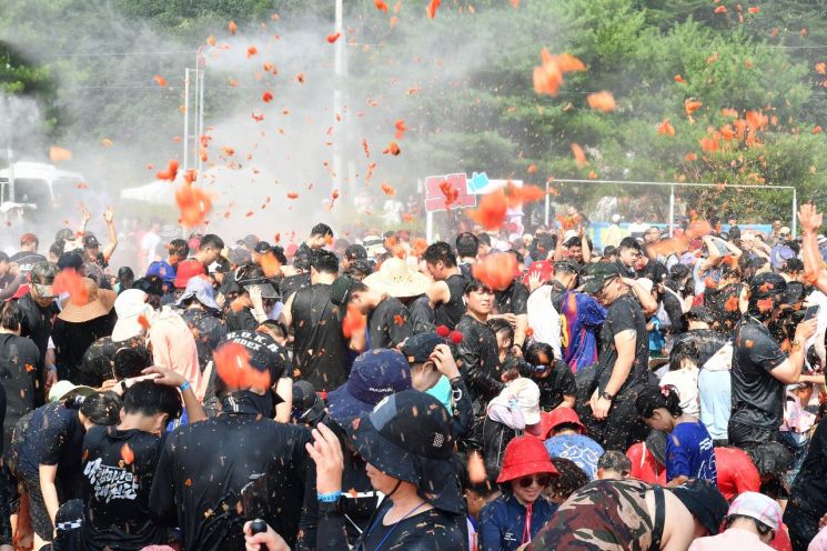 2026 화천토마토축제 개막 이틀째인 1일 오후 사내체육공원에서 '황금반지를 찾아라' 이벤트가 김세훈 화천군수를 비롯해 내외국인관광객들이 참여한 가운데 진행하고 있다.  화천군 제공