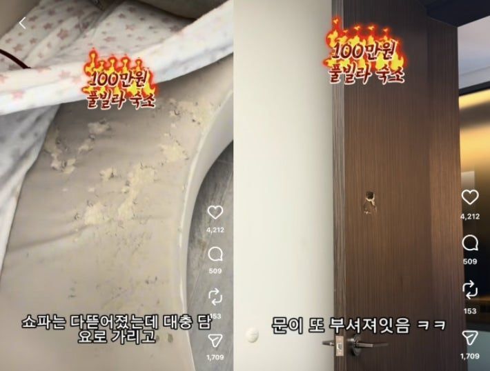 1박에 100만원이 넘는 풀빌라의 관리 상태. SNS 캡처