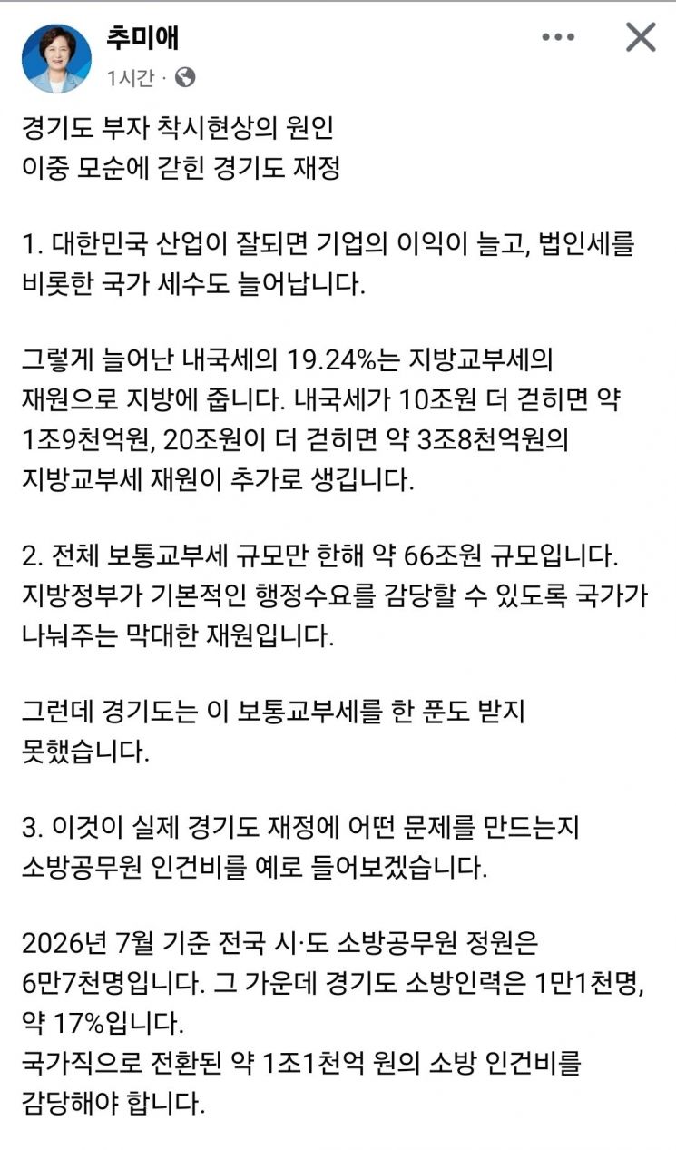 추미애 경기도지사가 9일 자신의 SNS에 올린 글