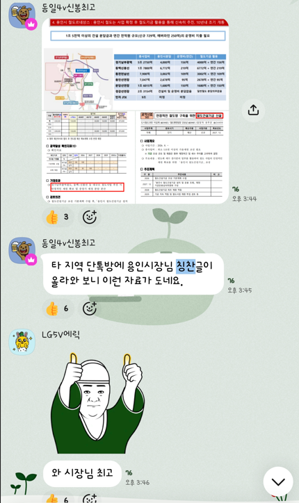 용인 신봉동 주민단체 ‘신봉연대’ 카카오톡 오픈채팅방에서 주민들이 이상일 용인시장의 철도기금 조성 계획에 “시장님 최고”라며 긍정적인 반응을 보이고 있다. 신봉연대 오픈채팅방 갈무리.