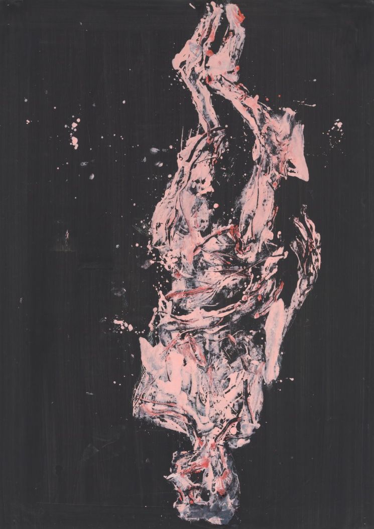 게오르그 바젤리츠, '프랑스에서의 엘케 II', 2019, 캔버스에 유화 물감, 300×212㎝. 평생의 동반자였던 아내 엘케를 반추상적이고 뒤집힌 형상으로 그린 작품으로, 시간의 흐름과 노화·소멸의 감각을 담았다. 개인 소장. Georg Baselitz 2026. 사진 Jochen Littkemann