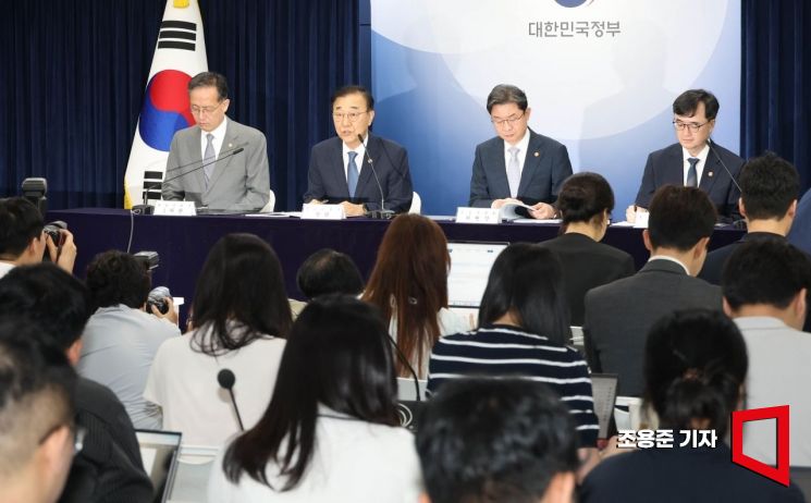 김윤덕 국토교통부장관 13일 서울 종로구 정부서울청사에서 '전월세 및 매매시장 안정을 위한 주택 신속공급 방안 및 부동산 시장 안정을 위한 금융 종합대책' 을 발표하고 있다. 발표에는 이억원 금융위원장, 임기근 국무조정실장, 이형일 재정경제부 차관이 배석했다. 2026.8.13 조용준 기자