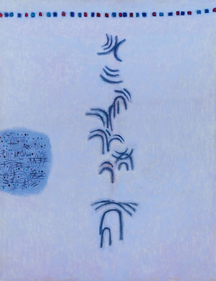 김환기, '3-Ⅱ-66', 1966, 캔버스에 유채, 220.5×170㎝. 뉴욕 정착 이후 산과 달 등 구체적 형상이 점과 선의 추상으로 옮겨가던 시기의 150호 대작이다. 서울옥션