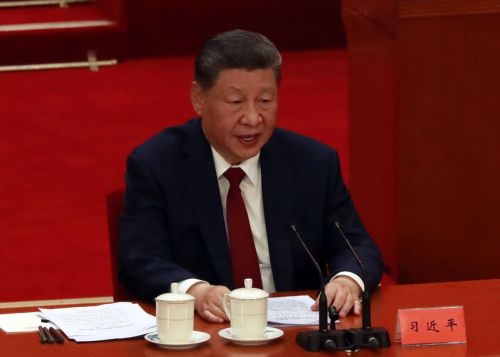 Chinese President Xi Jinping is delivering a speech at the ceremony commemorating the 105th anniversary of the founding of the Communist Party of China, held on the morning of July 1st at the Great Hall of the People in Beijing, China. Photo by Yonhap News