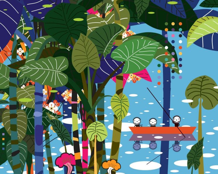 권기수의 'My Favorites-a Red Boat'. 산수화의 여백과 색면 사이를 유영하는 캐릭터 ‘동구리’를 통해 현대적 유토피아의 풍경을 그려낸 작품이다. 갤러리마리