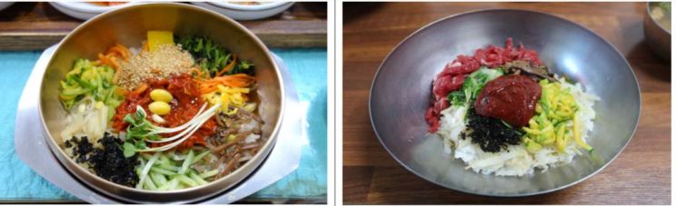 전주비빔밥(왼쪽)은 김제평야의 쌀과 지역 나물, 전주의 도심문화가 결합한 음식으로, 육회를 올리는 진주비빔밥(오른쪽)은 우시장과 정육업의 발달, 교방문화 등이 반영된 음식으로 분석됐다. 국립민속박물관