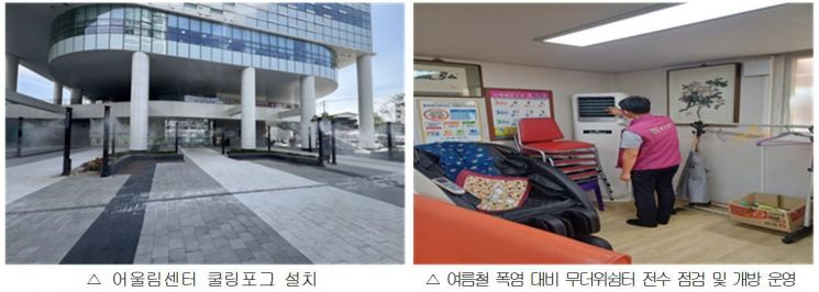 어울림센터 쿨링포그 설치(왼쪽)와 여름철 폭염 대비 무더위쉼터 전수 점검 및 개방 운영. 동두천시 제공
